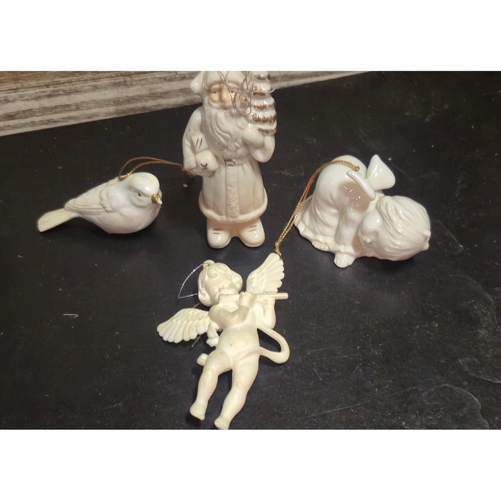Vintage White Christmas Ornament Lot Santa Angel Iridescent Bird Cherub 4pc